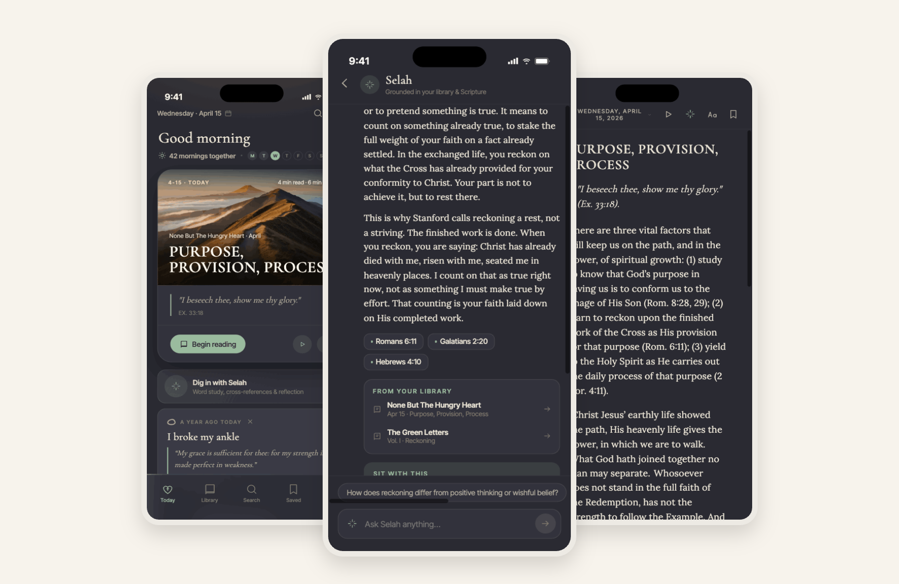 Abide Above prototype — three phone screens: the 'Good morning / 42 mornings together' home with the daily reading, Selah answering a question grounded in cited Scripture and the reader's own library, and the reading experience in a dark theme.