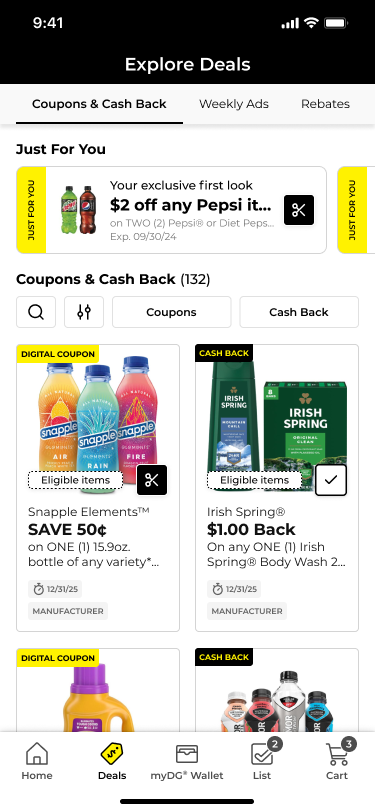 After — Coupons and Cash Back co-mingled in one searchable gallery