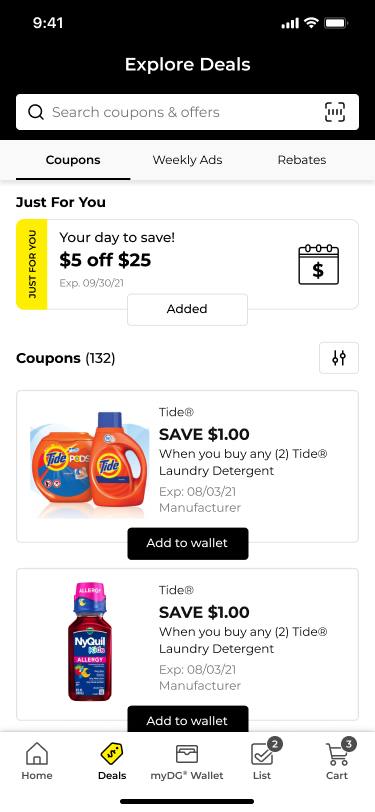 Before — DG Explore Deals showing coupons only, no cash back