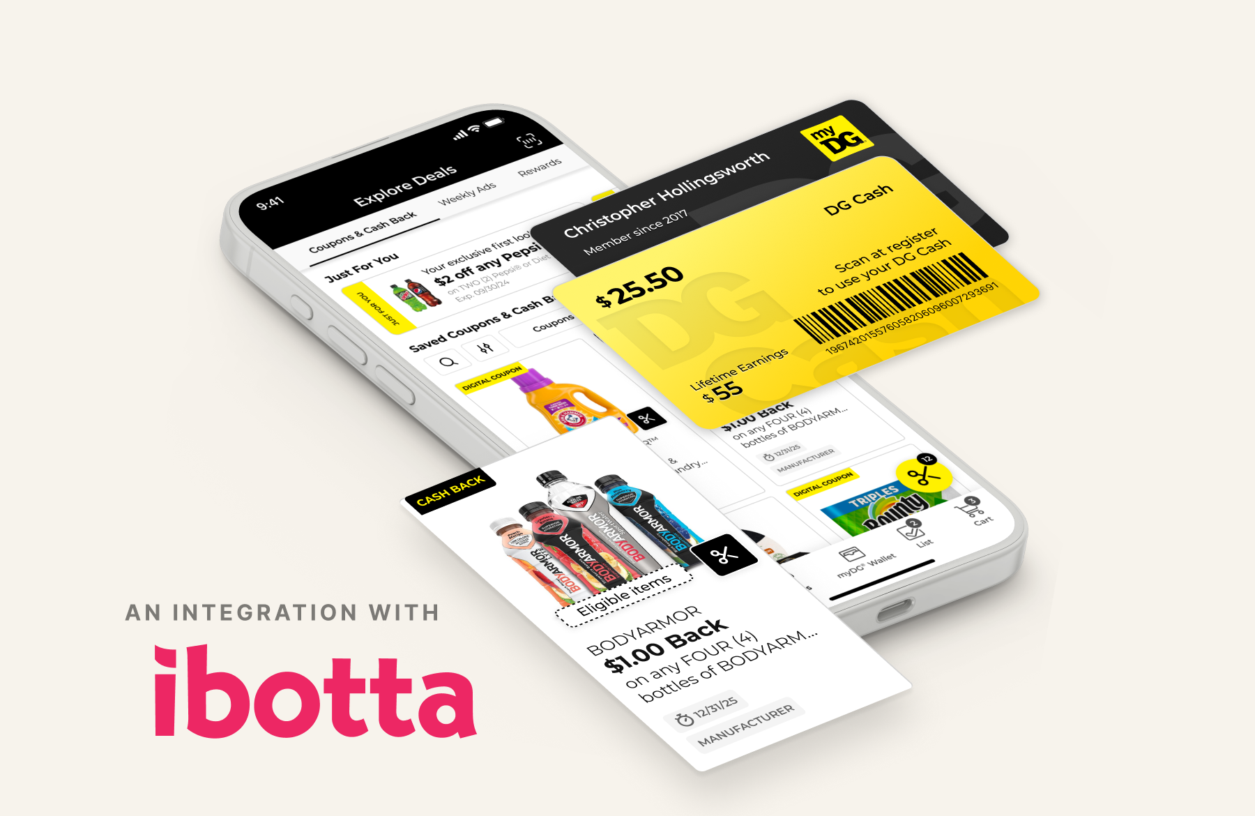 myDG Cash Back — the deals gallery, DG Cash card, and a BODYARMOR cash-back offer, an integration with Ibotta