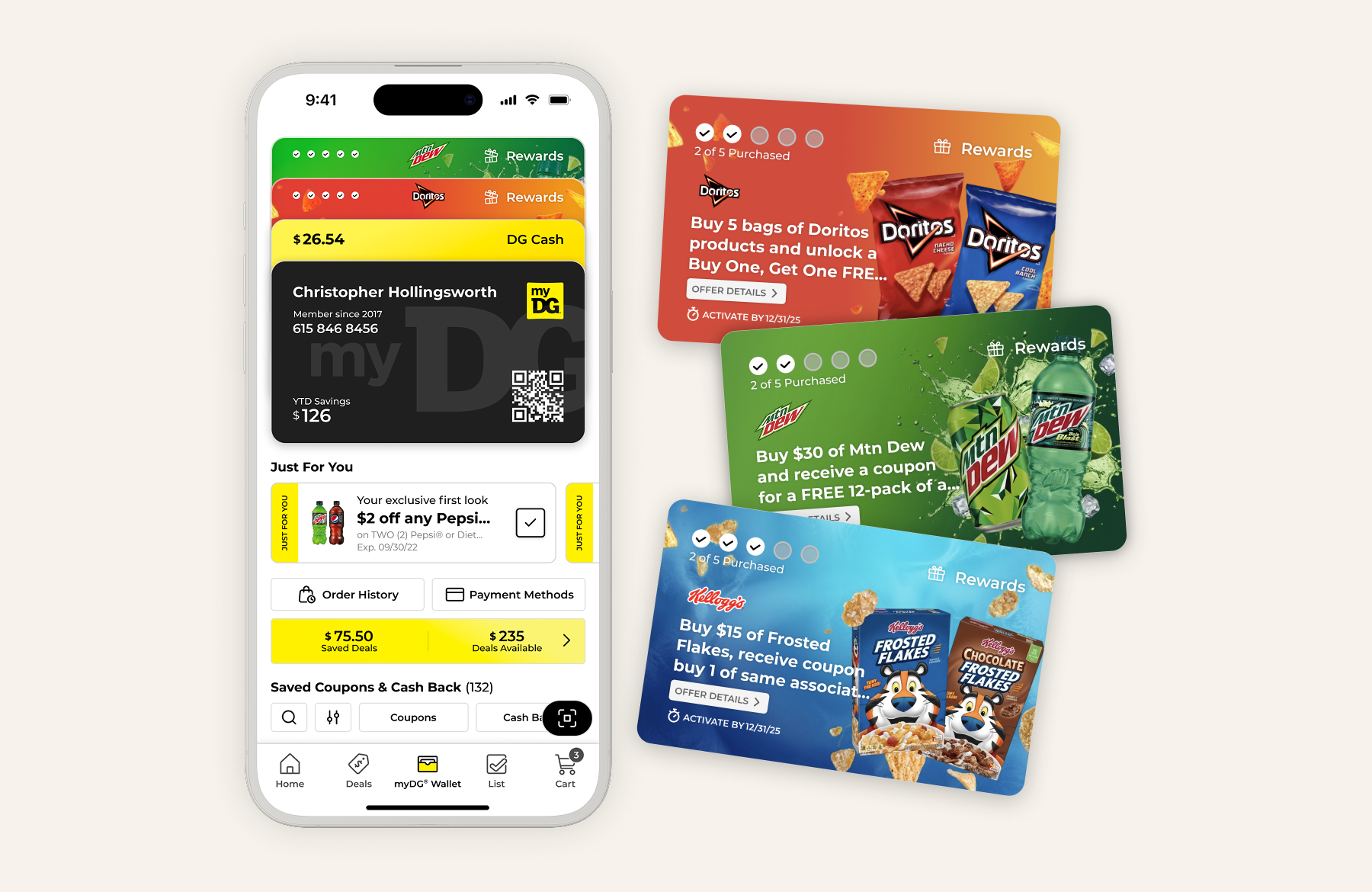 myDG Wallet with continuity reward cards — Doritos, Mtn Dew, and Kellogg's buy-and-earn offers