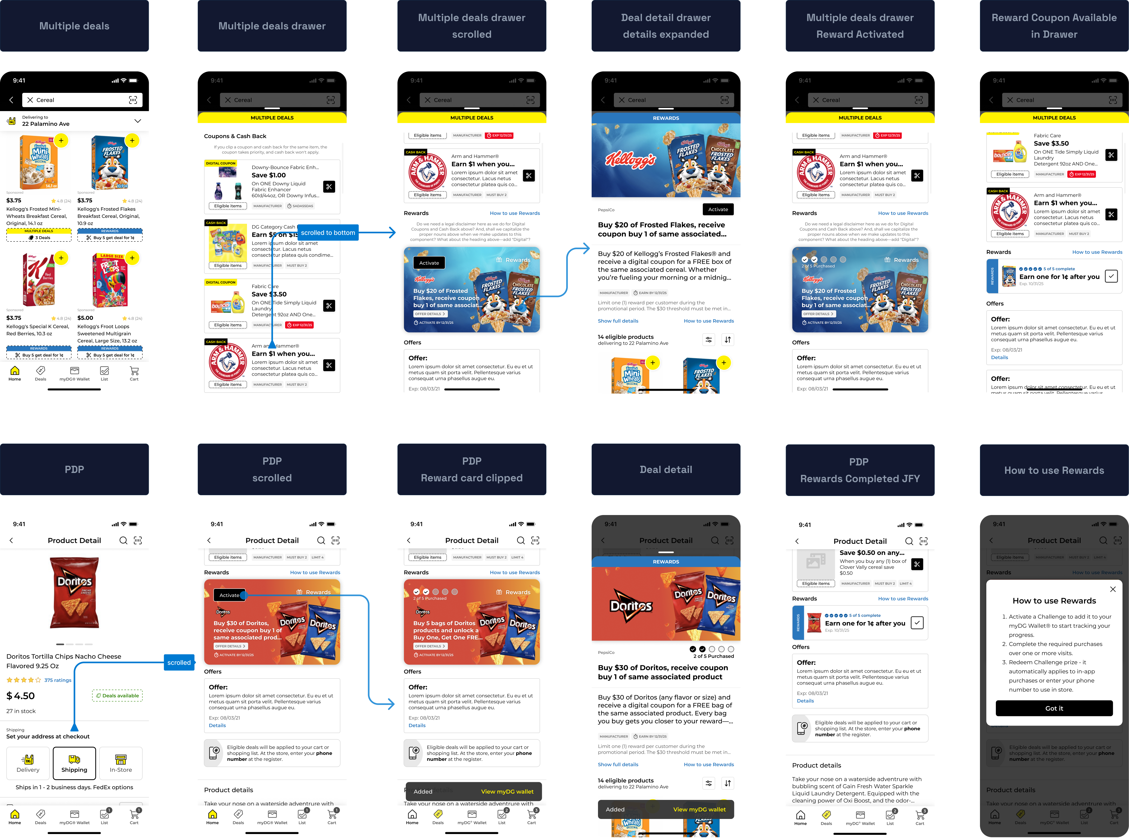 Deals drawer and product detail flow — expandable card interactions showing deal details, qualifying products, and progress tracking