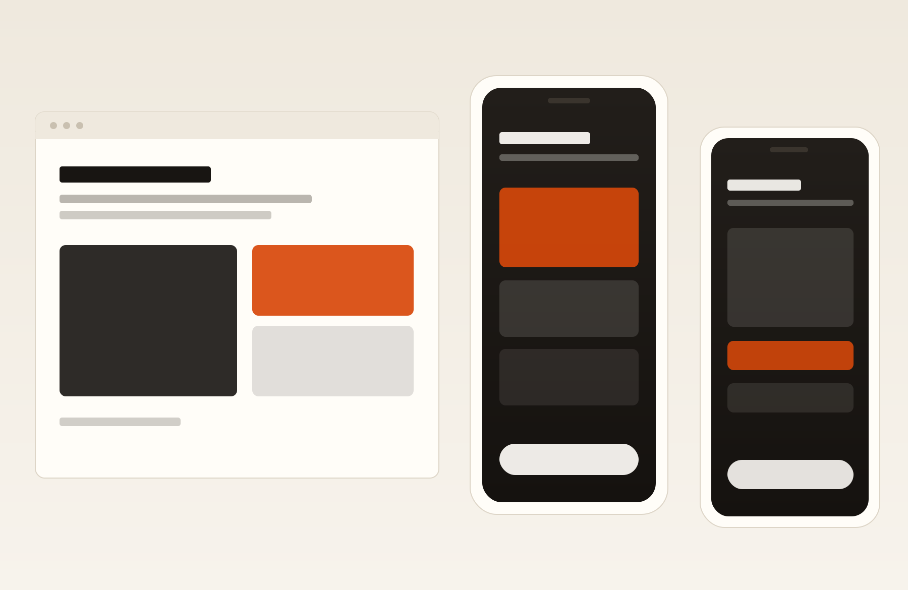 Three redacted product surfaces — a console and two mobile screens with all content withheld