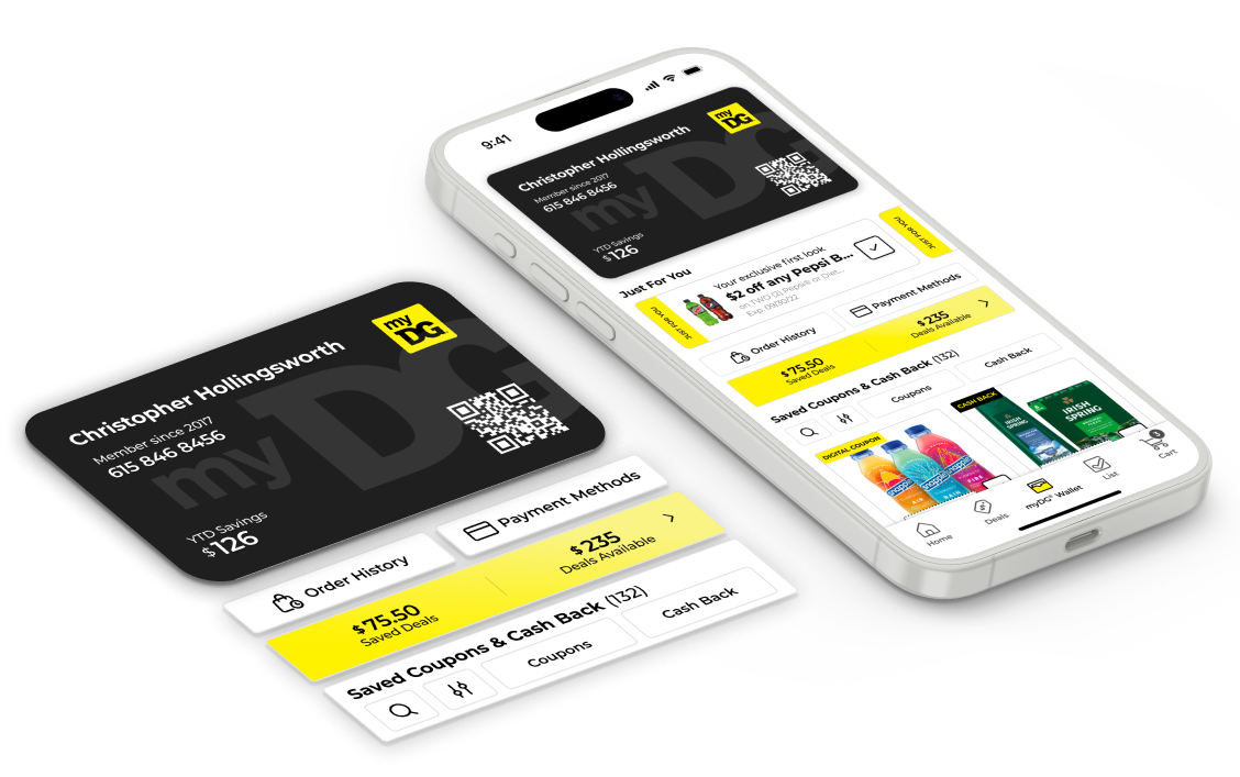 The myDG loyalty card beside a phone showing the consolidated Wallet screen